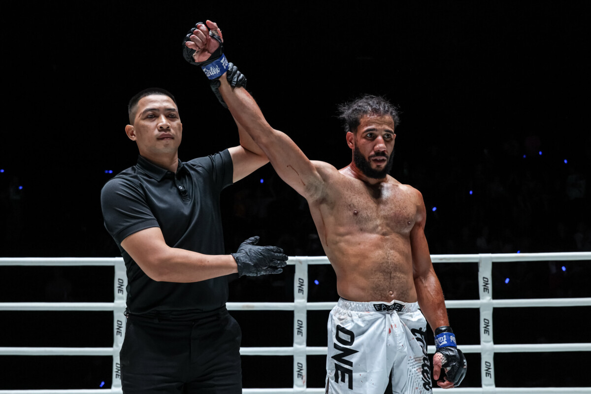 Adam Benwarwar gets his hand raised against Kongklai Sor Sommai at ONE Friday Fights 162.