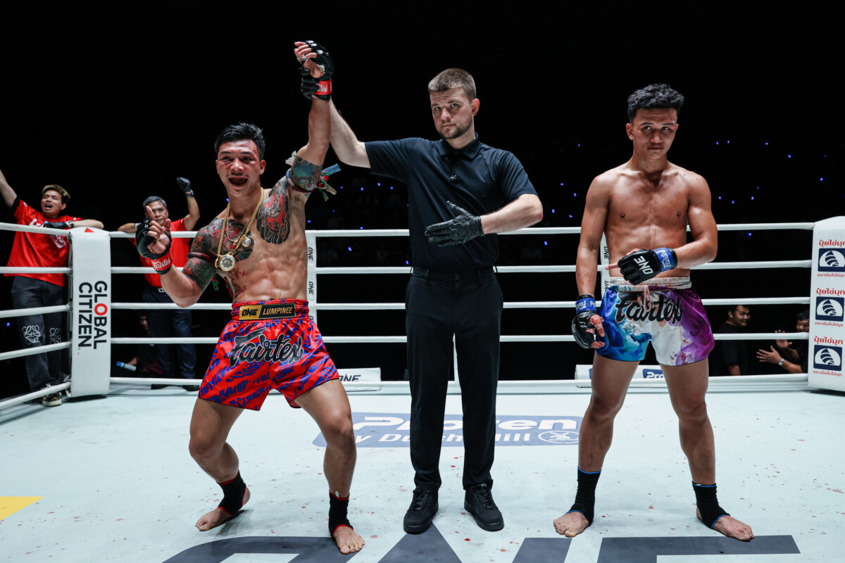Khundet PK Saenchai gets his hand raised against  Kiwthong TKD Muaythai at ONE Friday Fights 174.